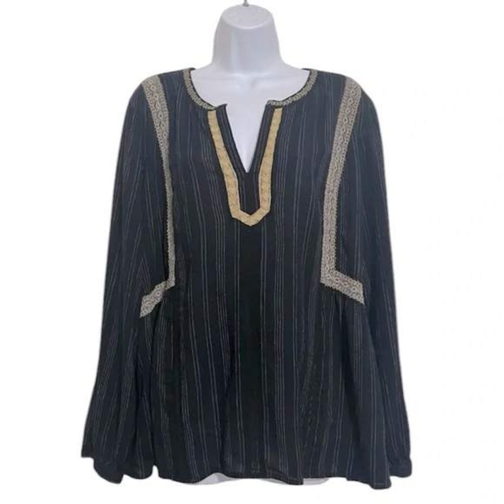 J Jill Tunic Top Striped Bohemian Embroidered V Neck Blouse XL